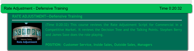 (Time 0:20:32) This course reviews the Rate Adjustment Script for Commercial in a Competitive Market. It reviews the Decision Tree and the Talking Points. Stephen Berry and James Saxe does the role playing.  POSITION:  Customer Service, Inside Sales, Outside Sales, Managers RATE ADJUSTMENT—Defensive Training Rate Adjustment - Defensive Training											Time 0:20:32