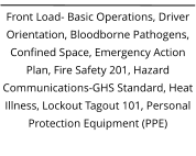 Front Load- Basic Operations, Driver Orientation, Bloodborne Pathogens, Confined Space, Emergency Action Plan, Fire Safety 201, Hazard Communications-GHS Standard, Heat Illness, Lockout Tagout 101, Personal Protection Equipment (PPE)