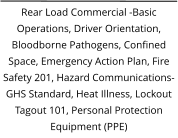 Rear Load Commercial -Basic Operations, Driver Orientation, Bloodborne Pathogens, Confined Space, Emergency Action Plan, Fire Safety 201, Hazard Communications-GHS Standard, Heat Illness, Lockout Tagout 101, Personal Protection Equipment (PPE)