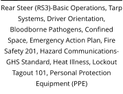 Rear Steer (RS3)-Basic Operations, Tarp Systems, Driver Orientation, Bloodborne Pathogens, Confined Space, Emergency Action Plan, Fire Safety 201, Hazard Communications-GHS Standard, Heat Illness, Lockout Tagout 101, Personal Protection Equipment (PPE)